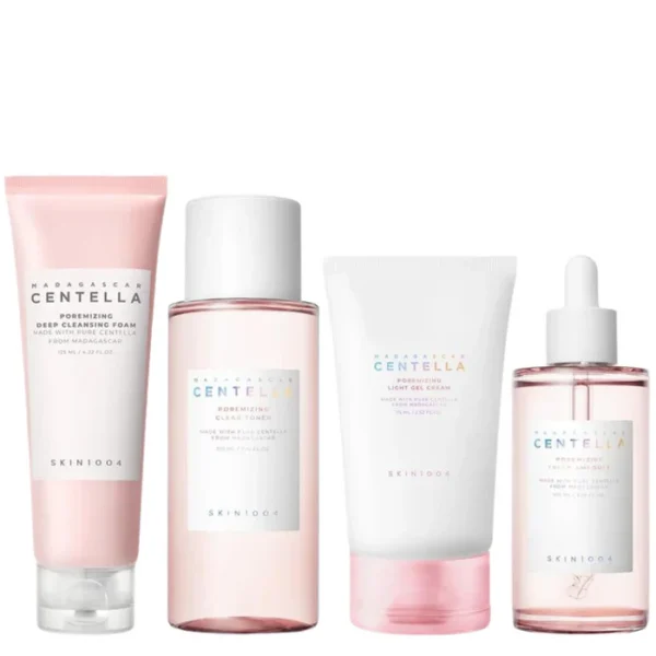 SKIN1004 Madagascar Centella Poremizing Skincare Set featuring cleanser, toner, and ampoule