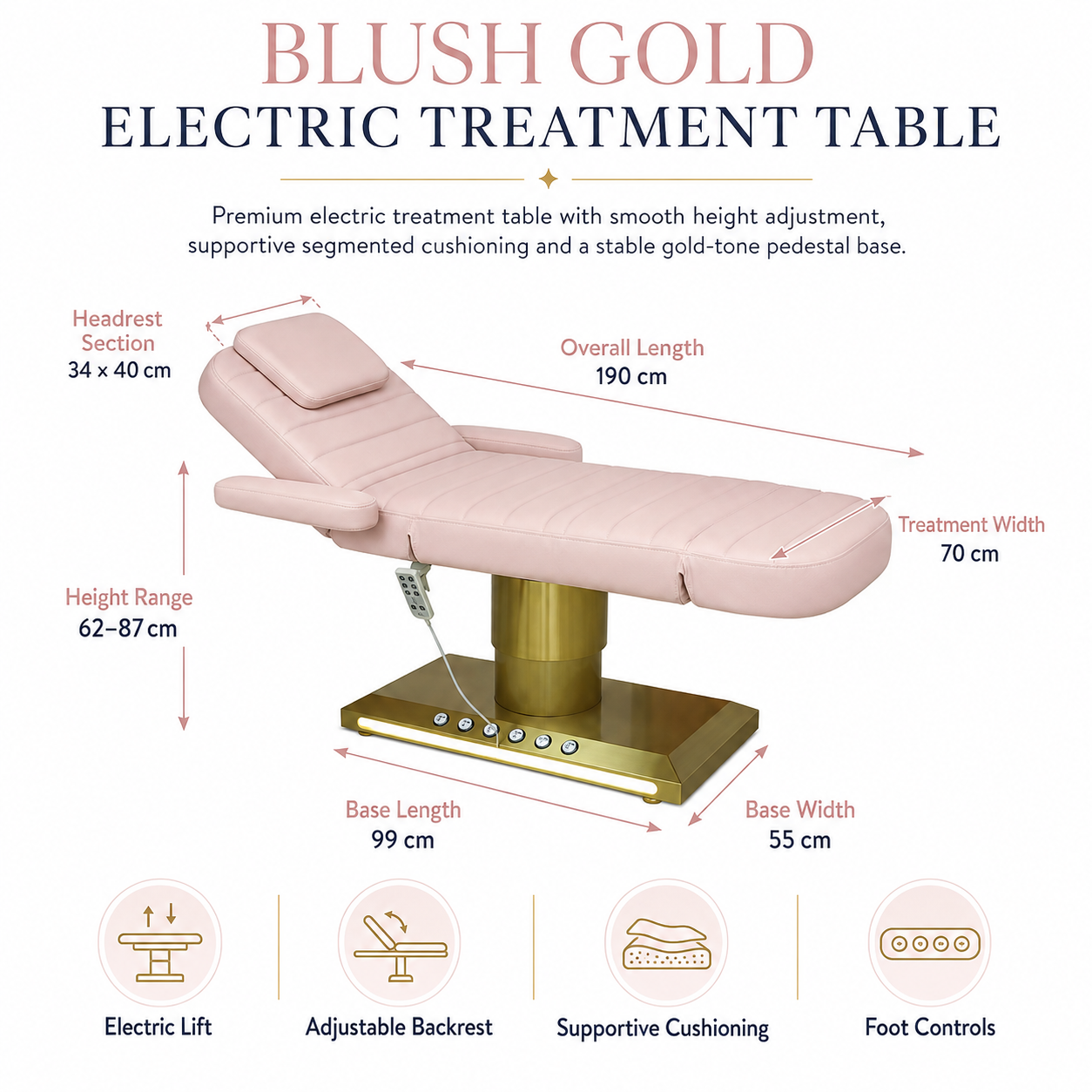 Blush Gold Treatment Table dimensions and electric lift features