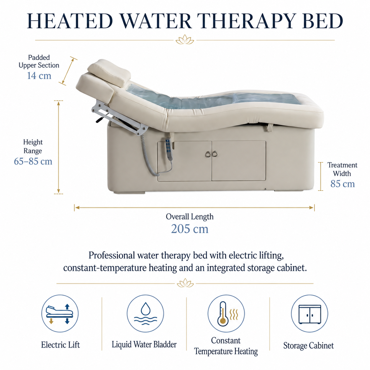 Heated Water Therapy Bed dimensions and heating features