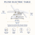 Plush Electric Table dimensions showing 182 cm length, 67 cm width and 65–90 cm height