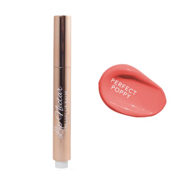 Lip Nectar Perfect Poppy creamy lip balm in rose gold tube with perfect poppy shade swatch