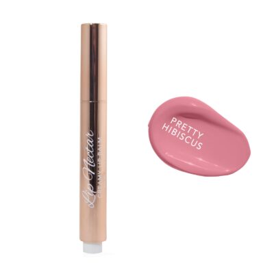 Lip Nectar Pretty Hibiscus creamy lip balm in rose gold tube with hibiscus pink shade swatch