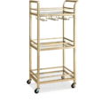 Compact Gold Trolley with three glass shelves and rolling wheels