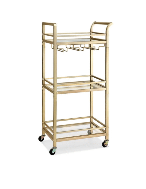 Compact Gold Trolley with three glass shelves and rolling wheels