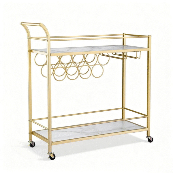 Gold Salon Display Trolley with marble shelves and rolling wheels