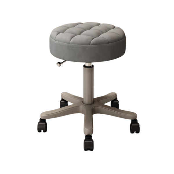 Quilted Beauty Stool Grey round adjustable salon stool with wheels