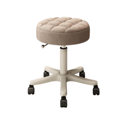 Quilted Beauty Stool Taupe round adjustable salon stool with wheels