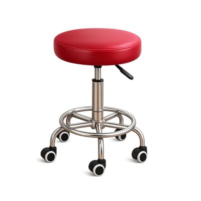 Red Salon Stool with adjustable height and rolling wheels