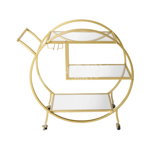 Round Glass Beauty Trolley with gold frame and glass shelves
