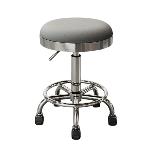 Chrome Beauty Stool Grey adjustable salon stool with shiny chrome base