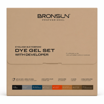 Bronsun Dye Gel Set with eight eyebrow and eyelash shades and developers