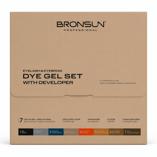 Bronsun Dye Gel Set with eight eyebrow and eyelash shades and developers