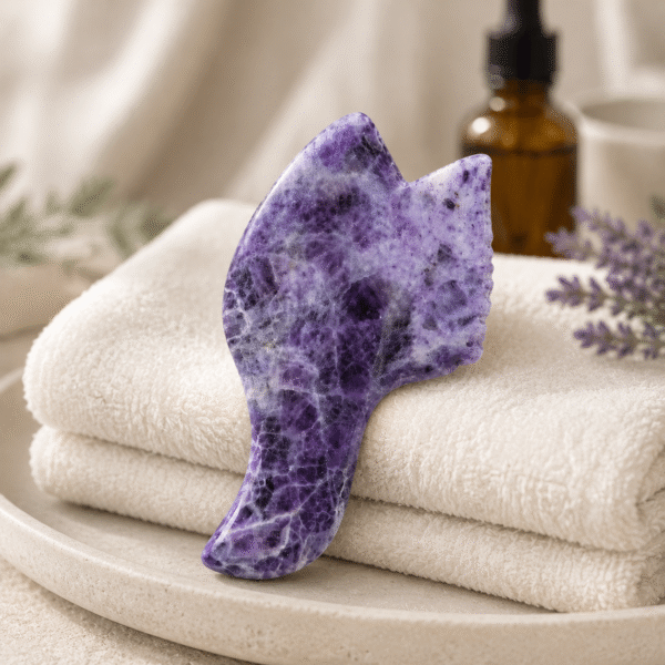 Purple Fish Tail Gua Sha displayed in a premium spa setting