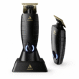 Andis GTX-EXO Trimmer with exposed gold T-blade and charging stand