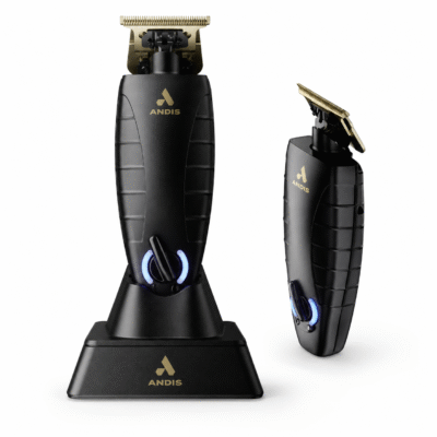 Andis GTX-EXO Trimmer with exposed gold T-blade and charging stand