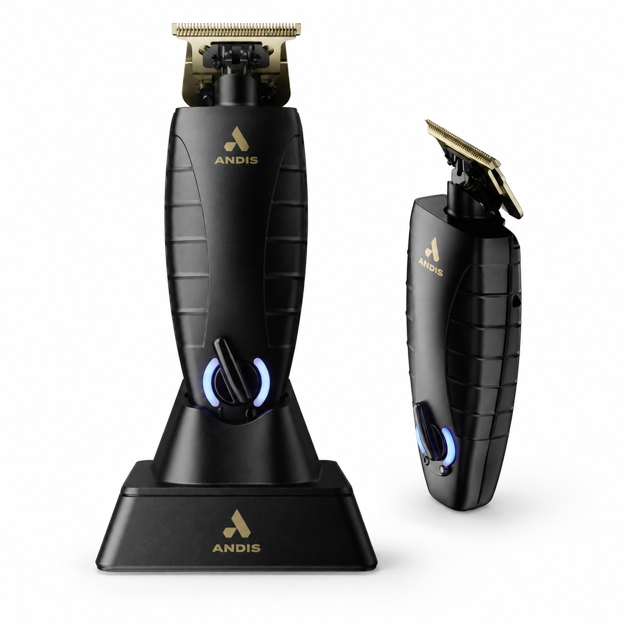Andis GTX-EXO Trimmer with exposed gold T-blade and charging stand