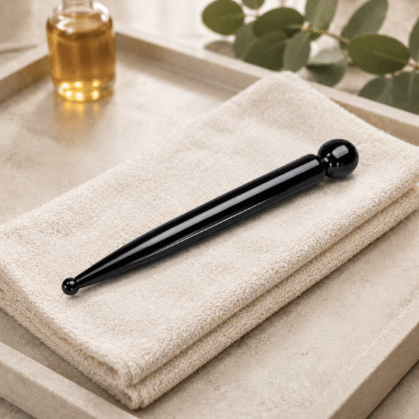 Black Stone Facial Massage Wand beside towels and facial oil