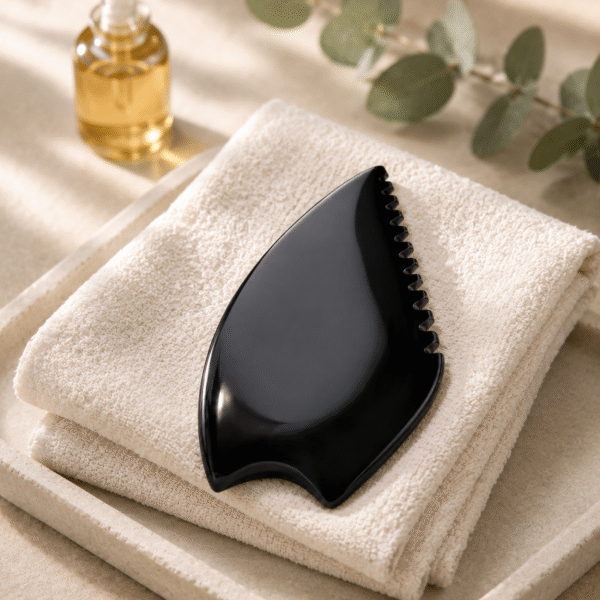 Black Wing Gua Sha Tool displayed in a professional spa