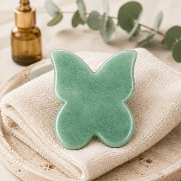 Green Butterfly Gua Sha Tool displayed in a professional spa