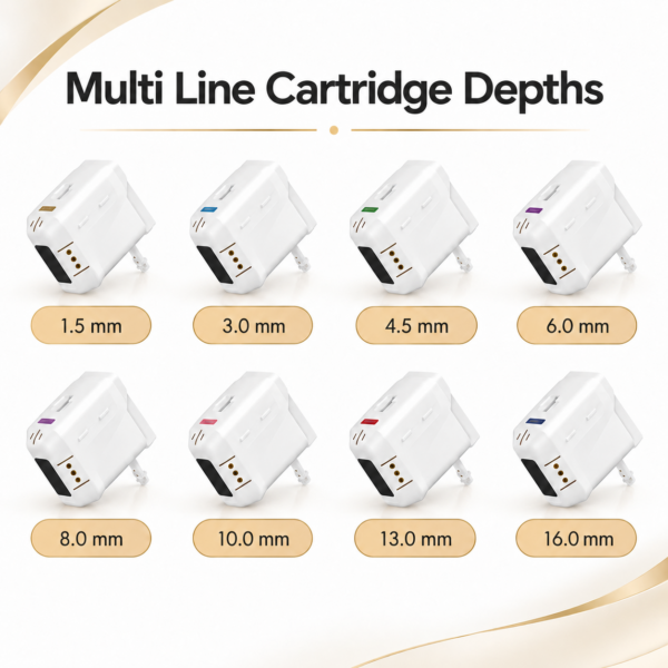 Liftique 8D HIFU Single Line cartridge pack of 7 with depths from 1.5 mm to 13.0 mm