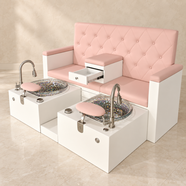 Pink double pedicure chair with twin basins and centre storage