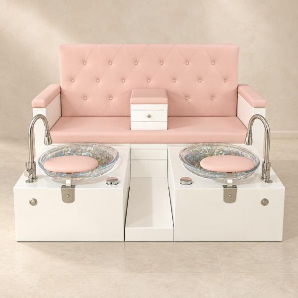 Double Pedicure Chair in pink and white with twin basins