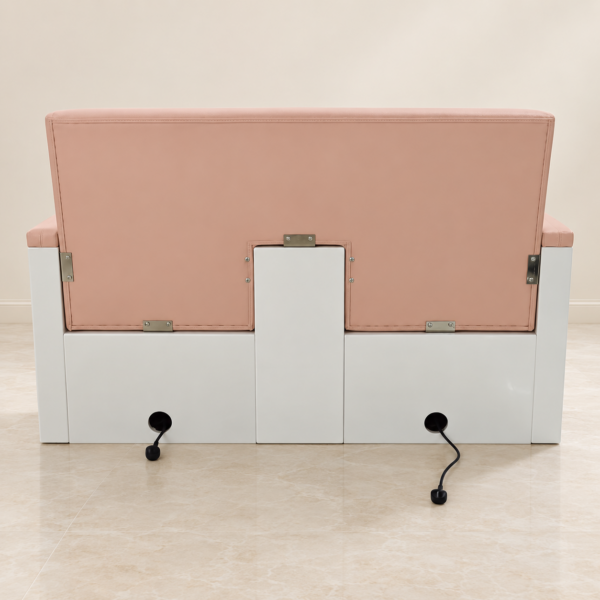 Rear view of pink and white double pedicure spa chair