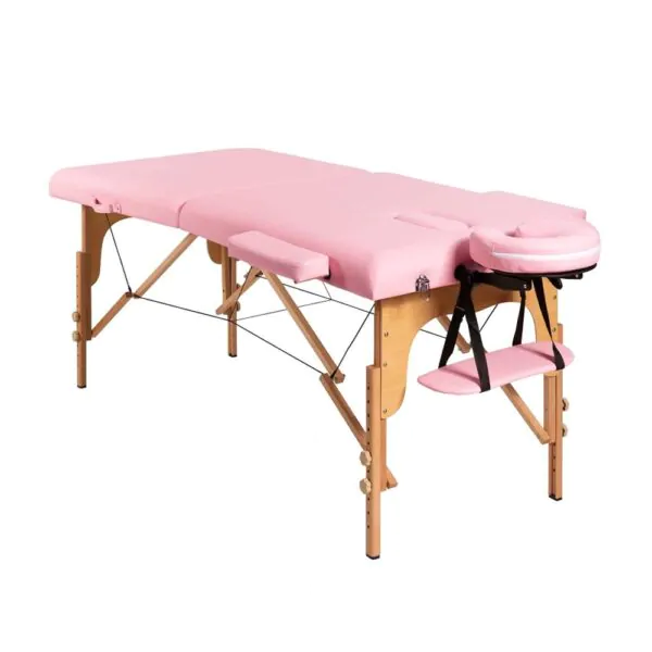 Professional Pink Massage Table with German beech wood legs and 2-section design