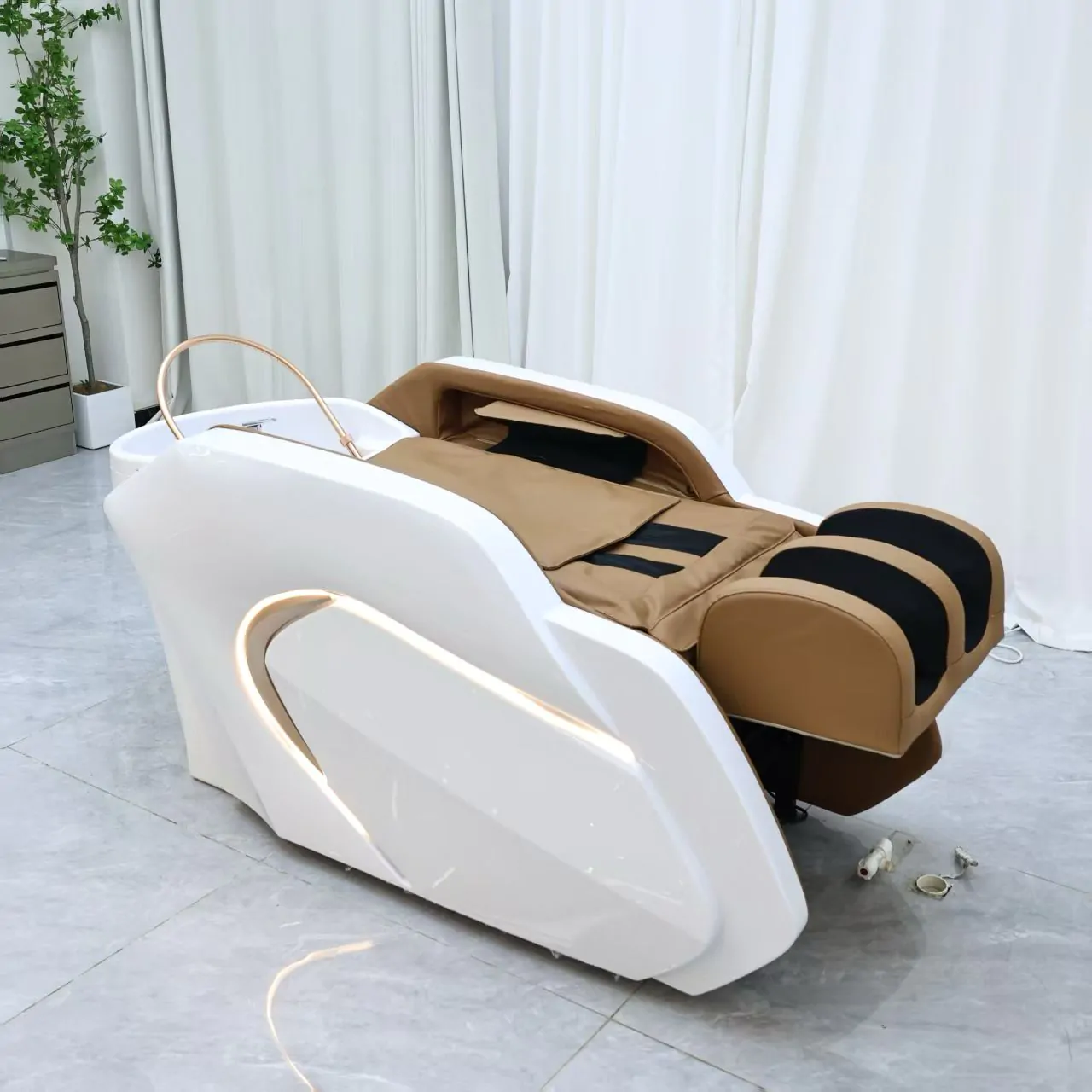 Gold Deluxe Spa Japanese Head Spa with Massage Chair  – White & Taupe - Image 3