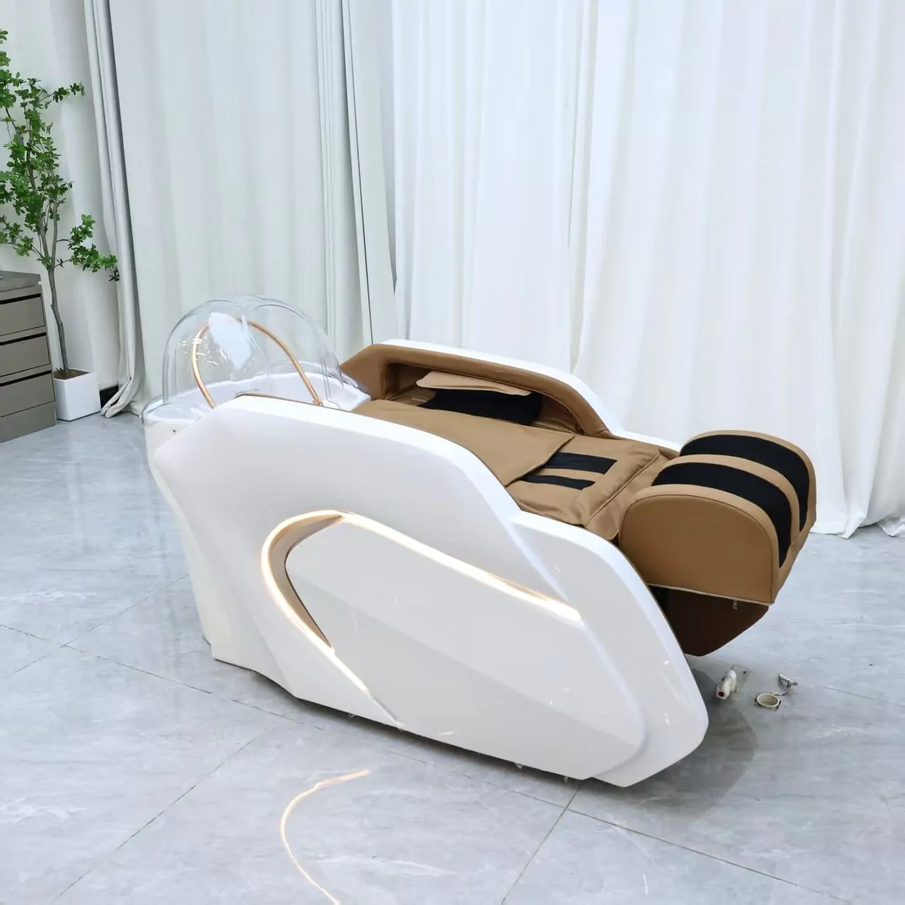 Gold Deluxe Spa Japanese Head Spa with Massage Chair  – White & Taupe - Image 5