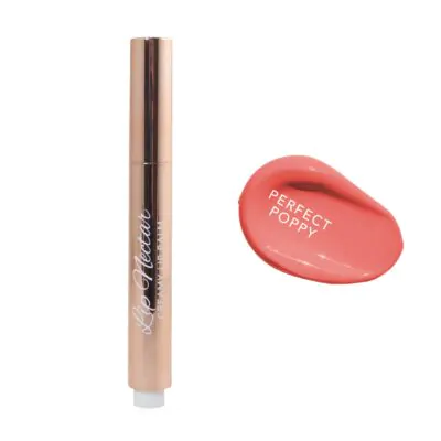 Lip Nectar Perfect Poppy creamy lip balm in rose gold tube with perfect poppy shade swatch