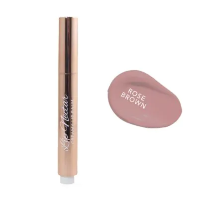 Lip Nectar Rose Brown creamy lip balm in rose gold tube with rose brown shade swatch