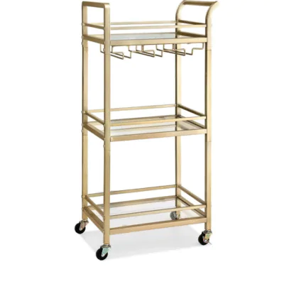 Compact Gold Trolley with three glass shelves and rolling wheels