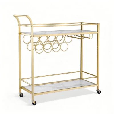 Gold Salon Display Trolley with marble shelves and rolling wheels