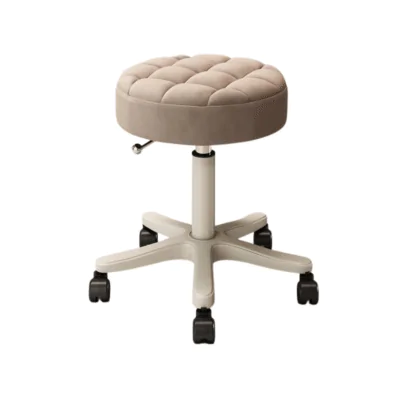 Quilted Beauty Stool Taupe round adjustable salon stool with wheels