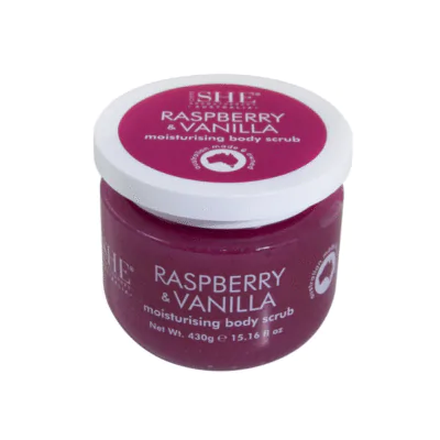Raspberry vanilla body scrub 430g SHE Australia