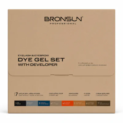 Bronsun Dye Gel Set with eight eyebrow and eyelash shades and developers